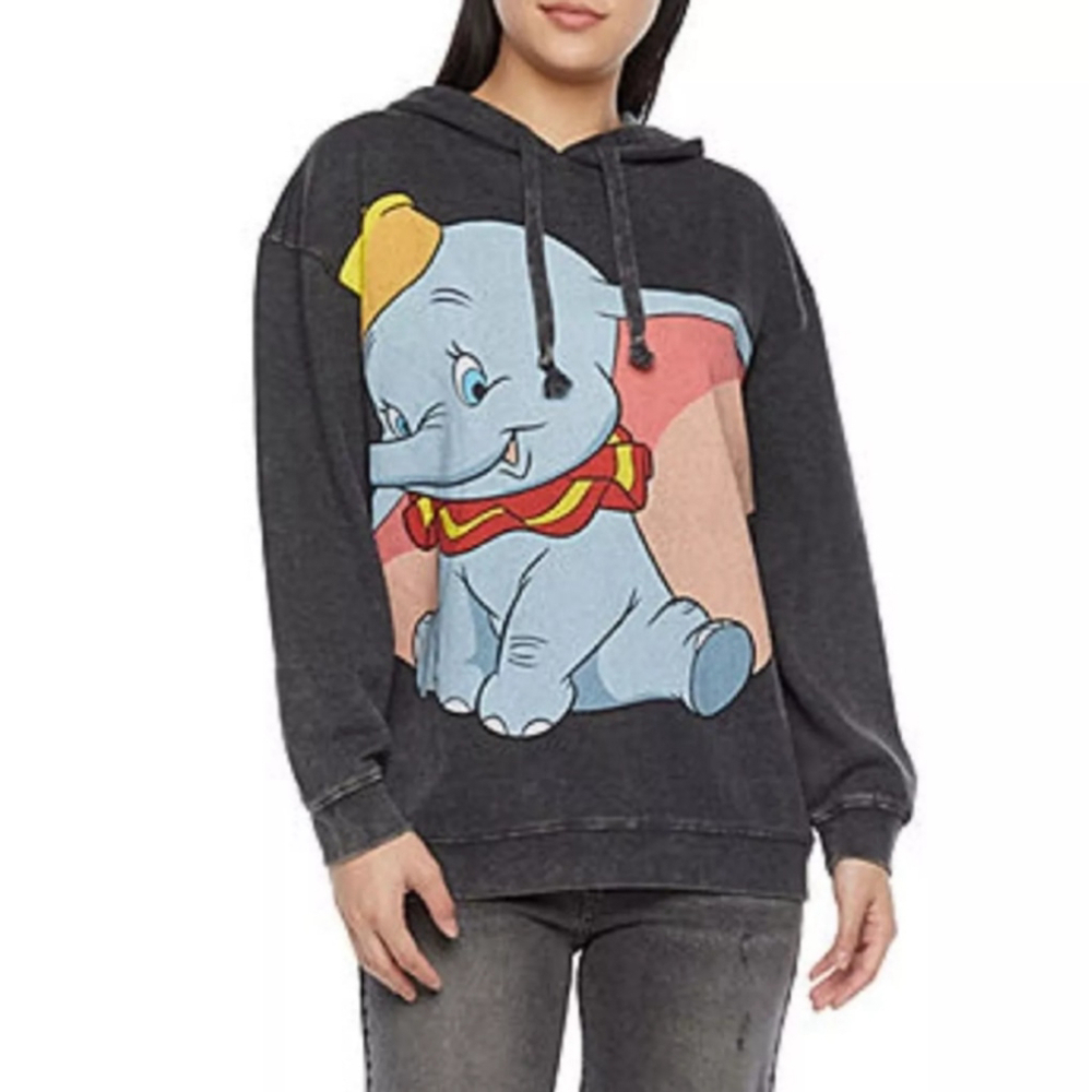 Disney Women's Medium Gray Dumbo Graphic Print Logo Pullover Fleece Lined Hoodie